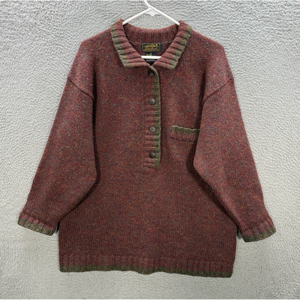 Vintage Eddie Bauer Sweater Womens Medium Burgundy Knit Cardigan 100% Wool 90s